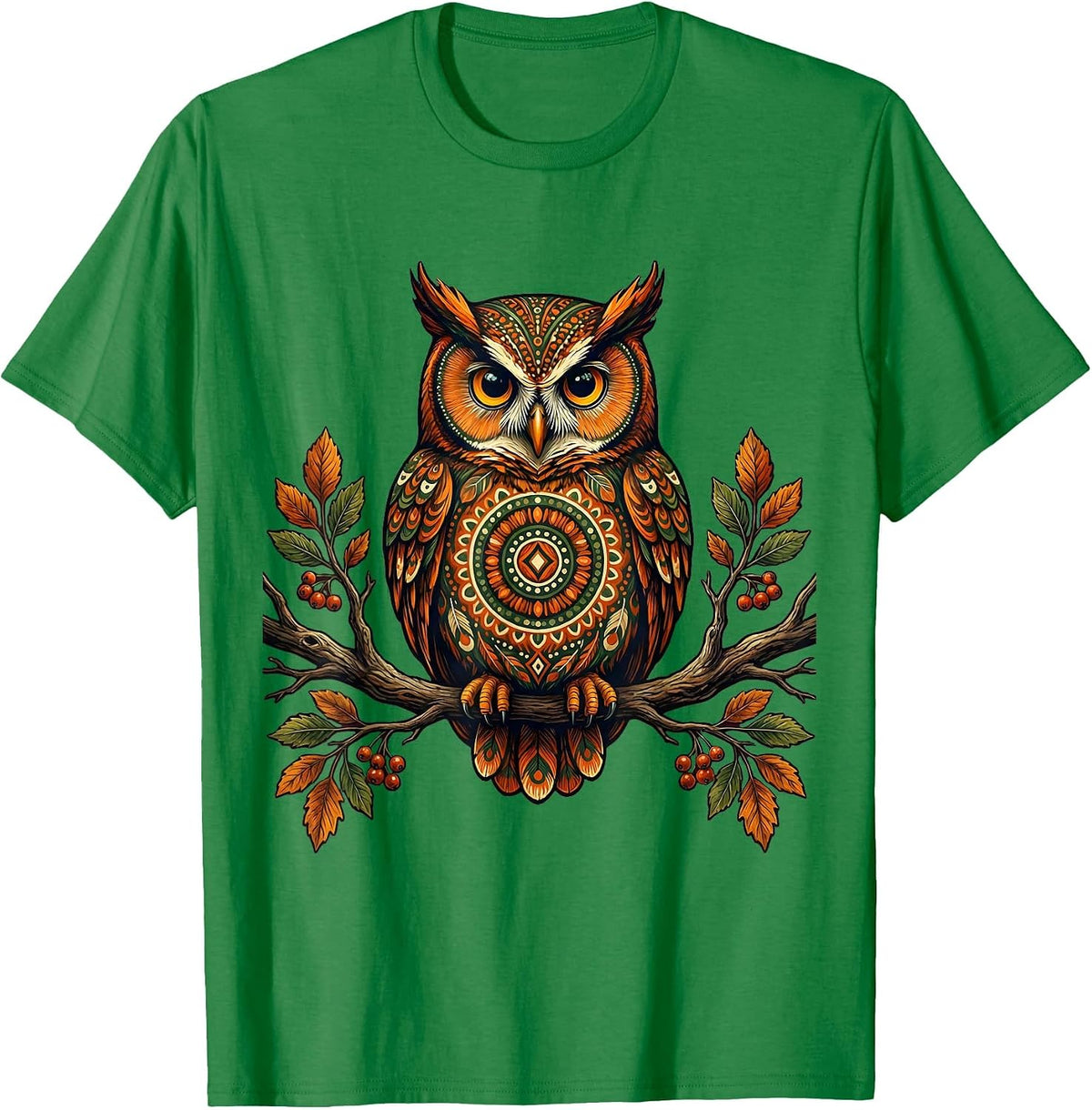 Men's Autumn Owl Perched on Bare Branch Fall Design T-Shirt - Kelly Green