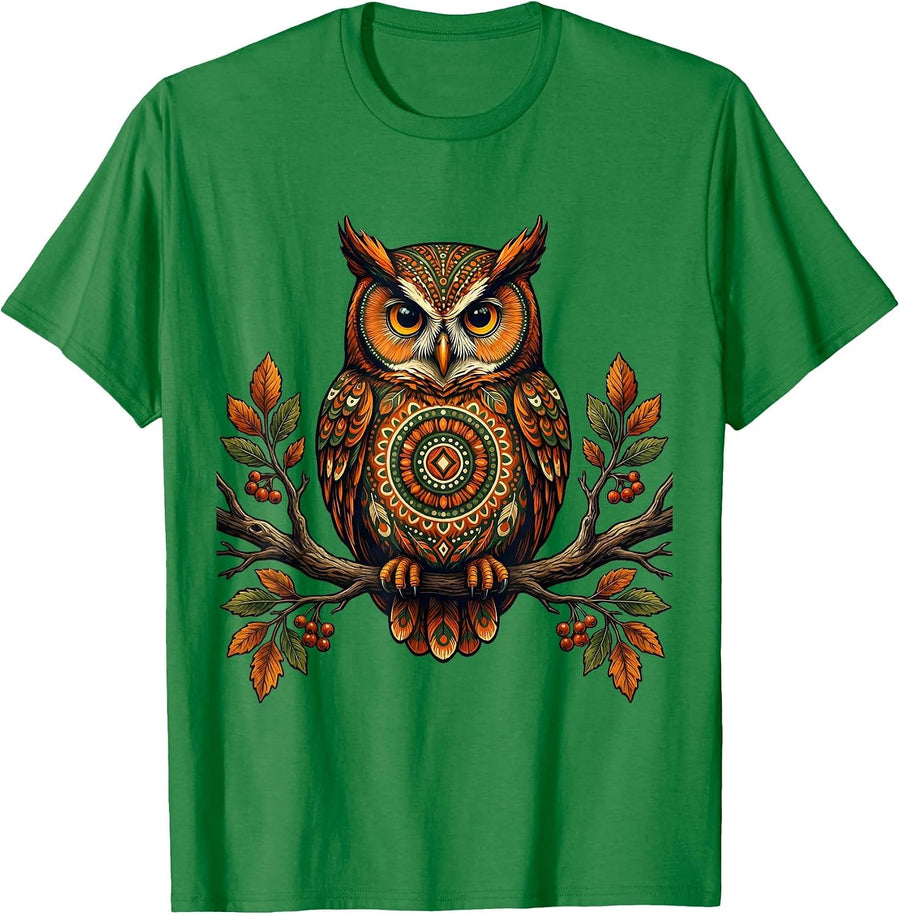 Men's Autumn Owl Perched on Bare Branch Fall Design T-Shirt - Kelly Green
