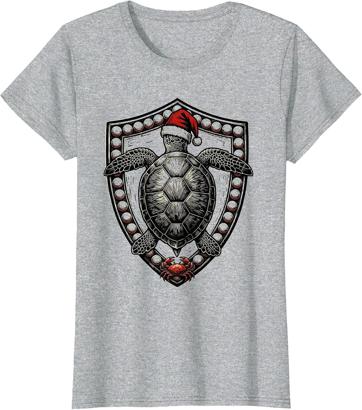 Women's Sea Turtle Santa Hat Woodcut Engraving Christmas Novelty T-Shirt - Heather Grey