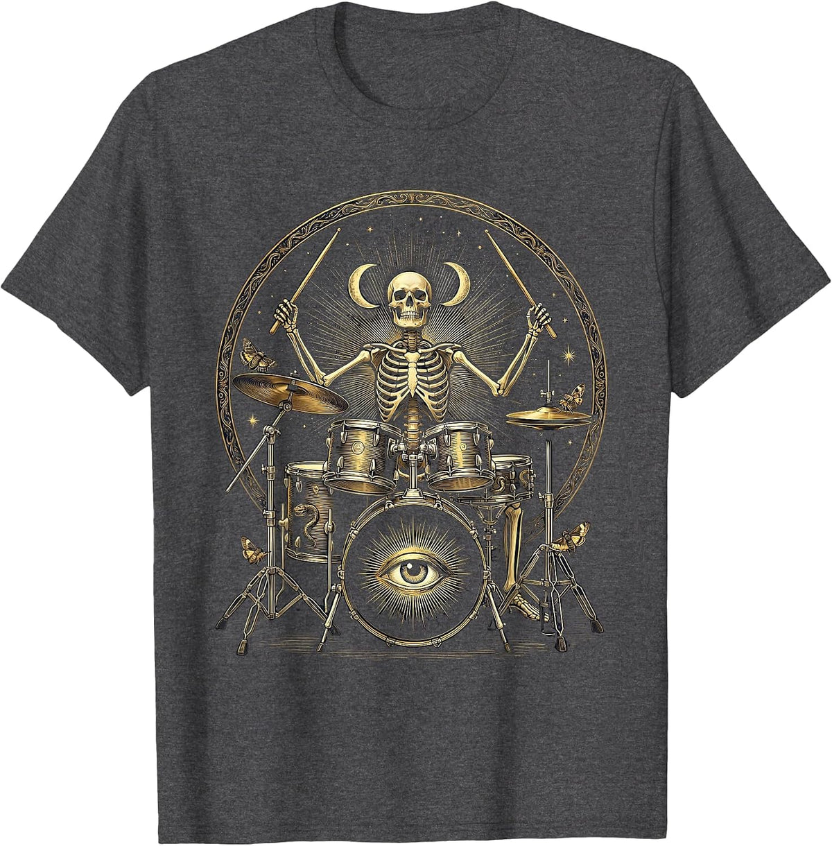 Skeleton Drummer Full Energy Drum Kit Graphic T-Shirt - Dark Heather Grey
