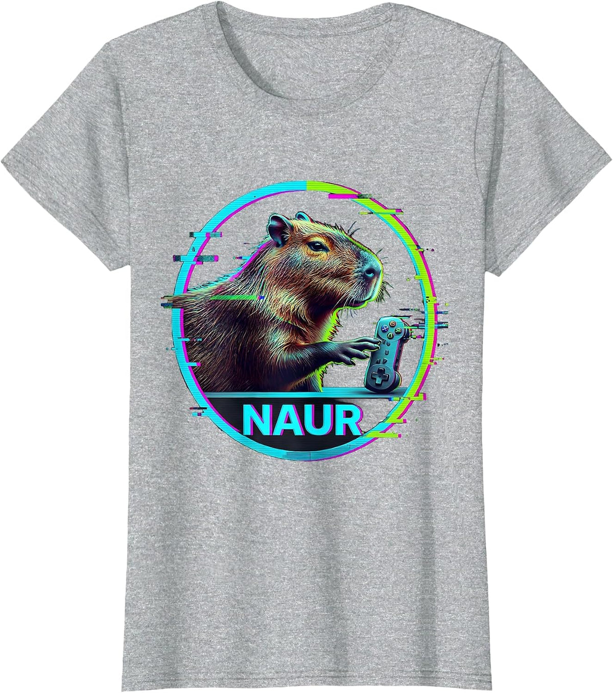 Women's Naur Glitch Datamosh Capybara Gamer Meme Humor T-Shirt - Heather Grey