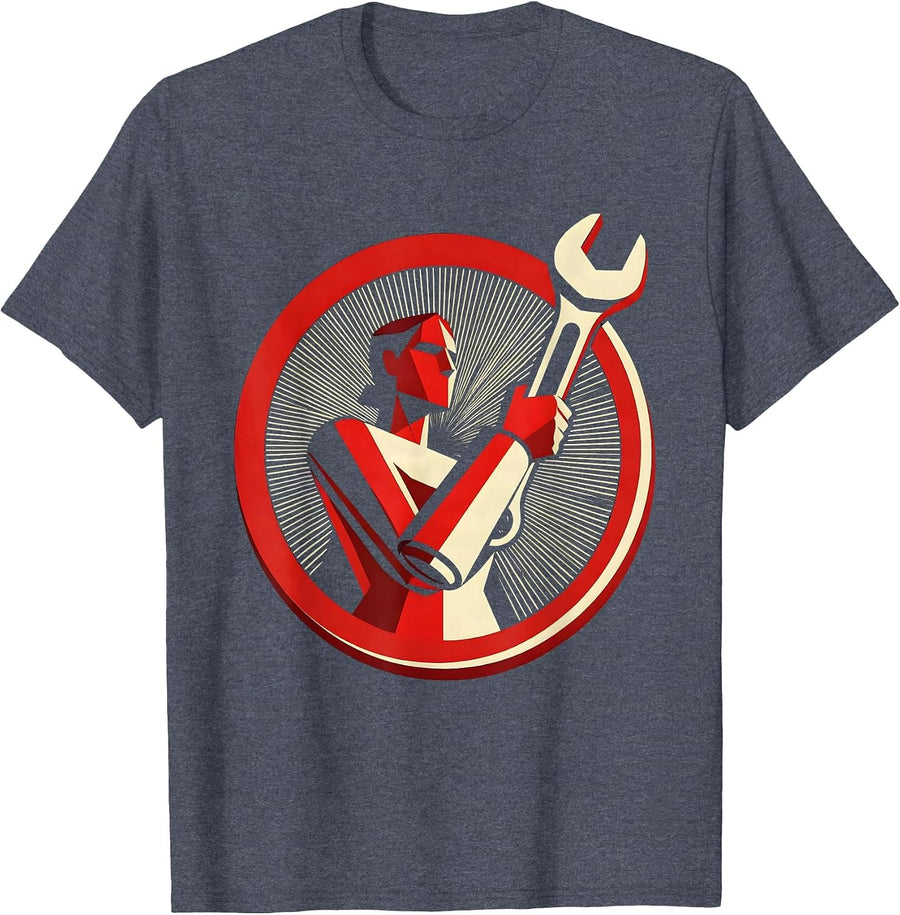 Rosie the Riveter Wrench Icon Graphic T-Shirt - Heather Blue