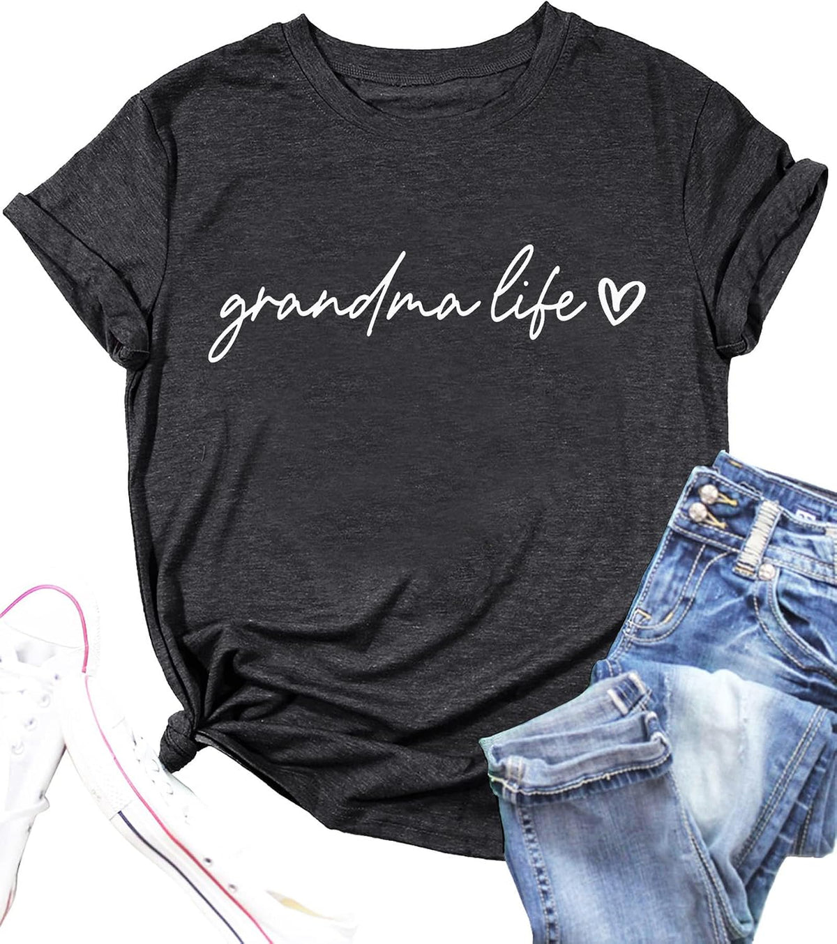 Women Grandma Shirts Funny Grandma Life Heart Printed T-Shirt Grandmother Casual Tee Top - Dark Grey