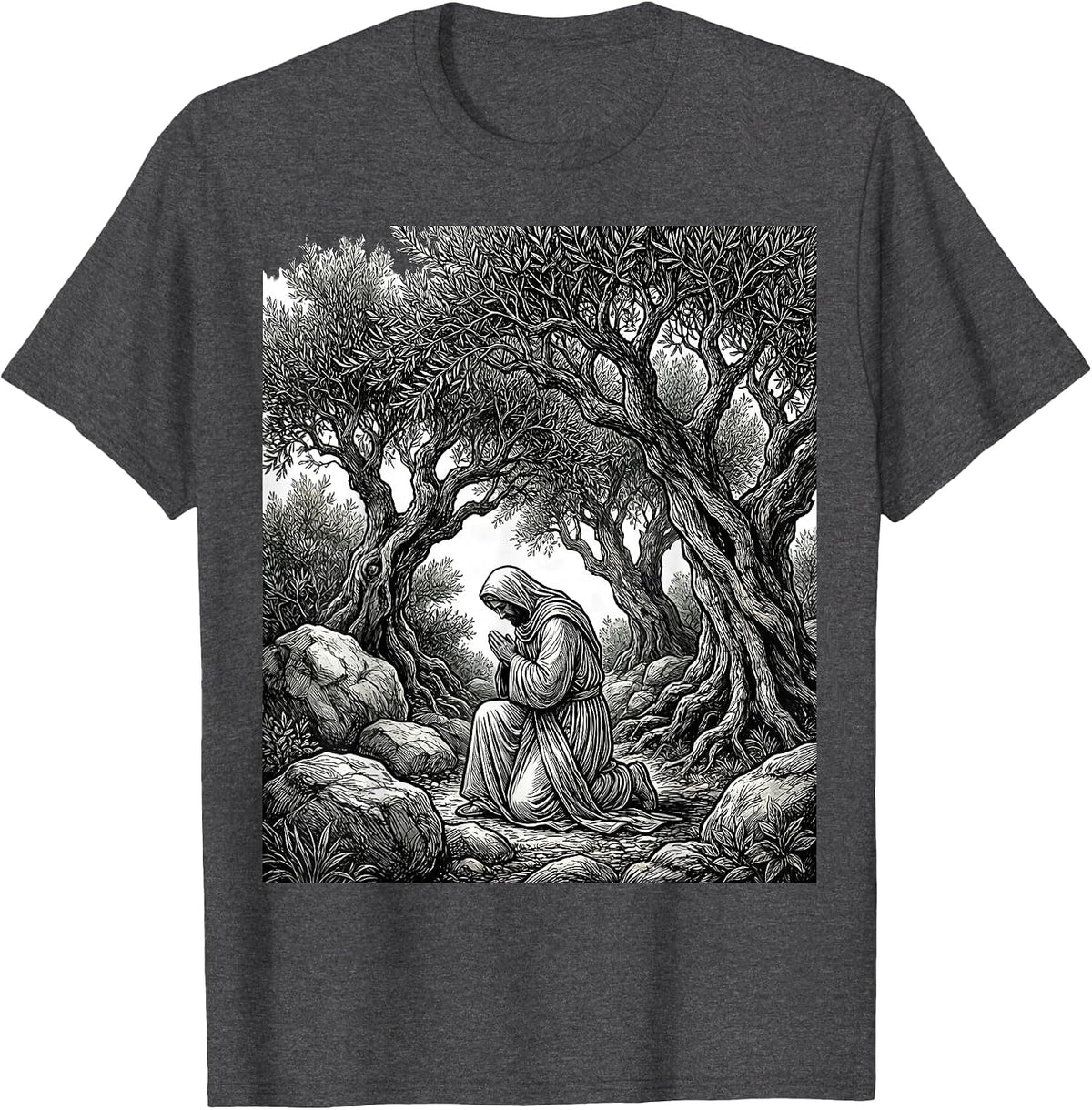 Jesus Kneeling in Gethsemane Garden Illustration T-Shirt - Dark Heather Grey