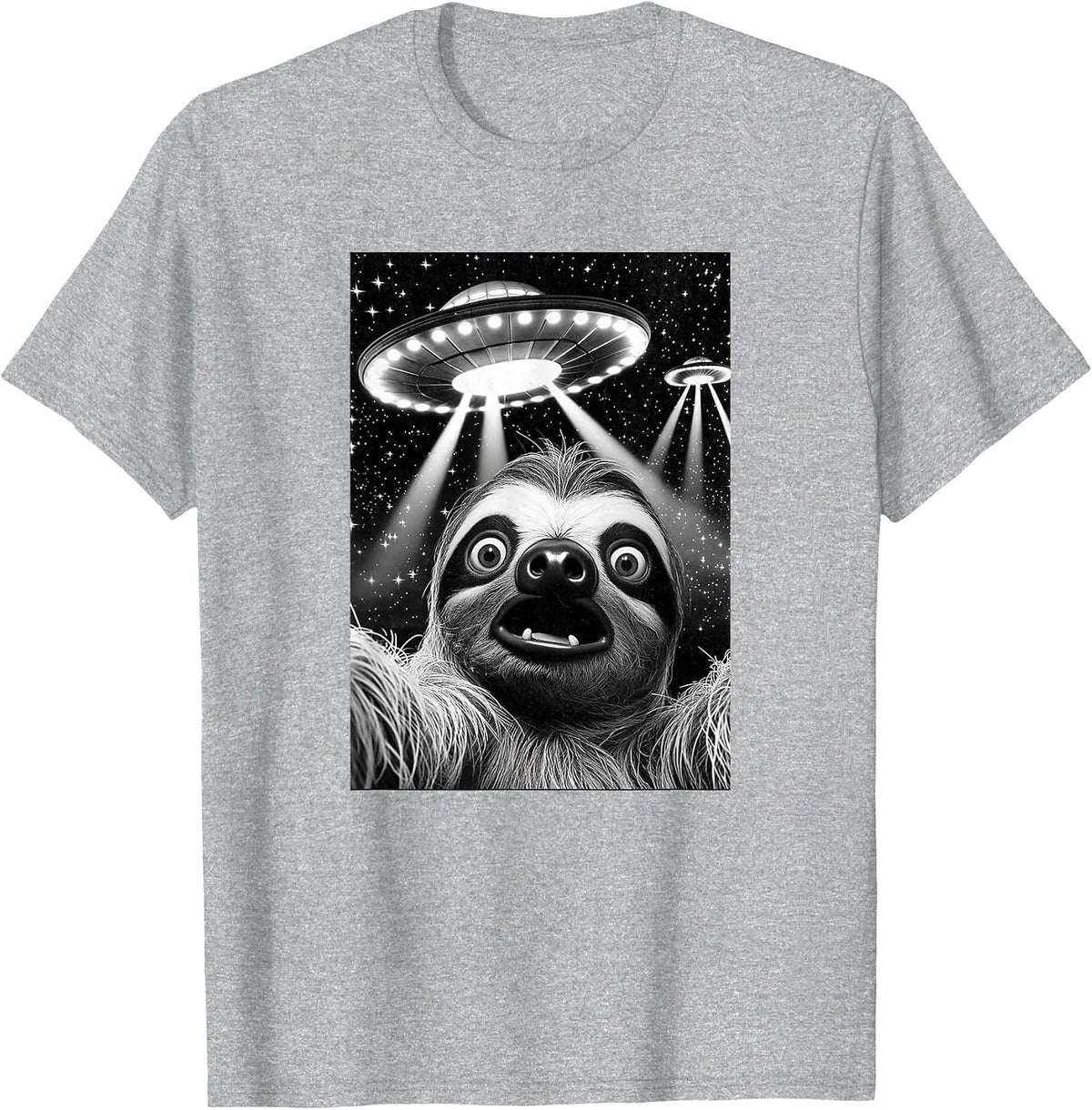 Sloth UFO | Funny Invasion Meme Retro Alien Sloth UFO Selfie T-Shirt - Heather Grey