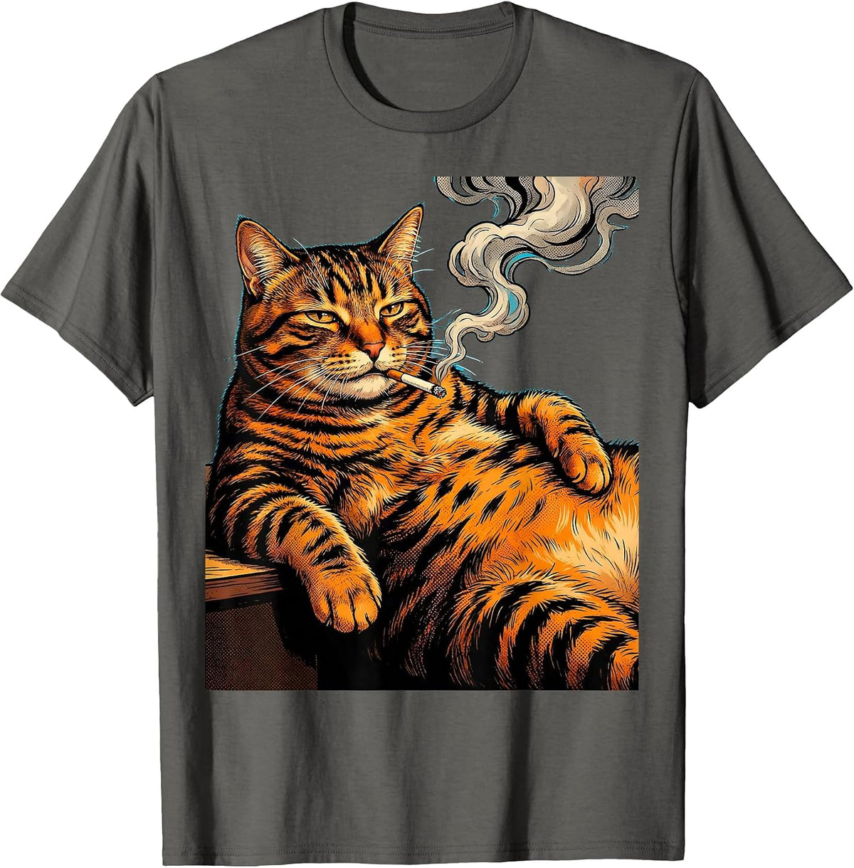 Men's Fat Tabby Cat Lounging With Cigarette Graphic T-Shirt - Asphalt Grey