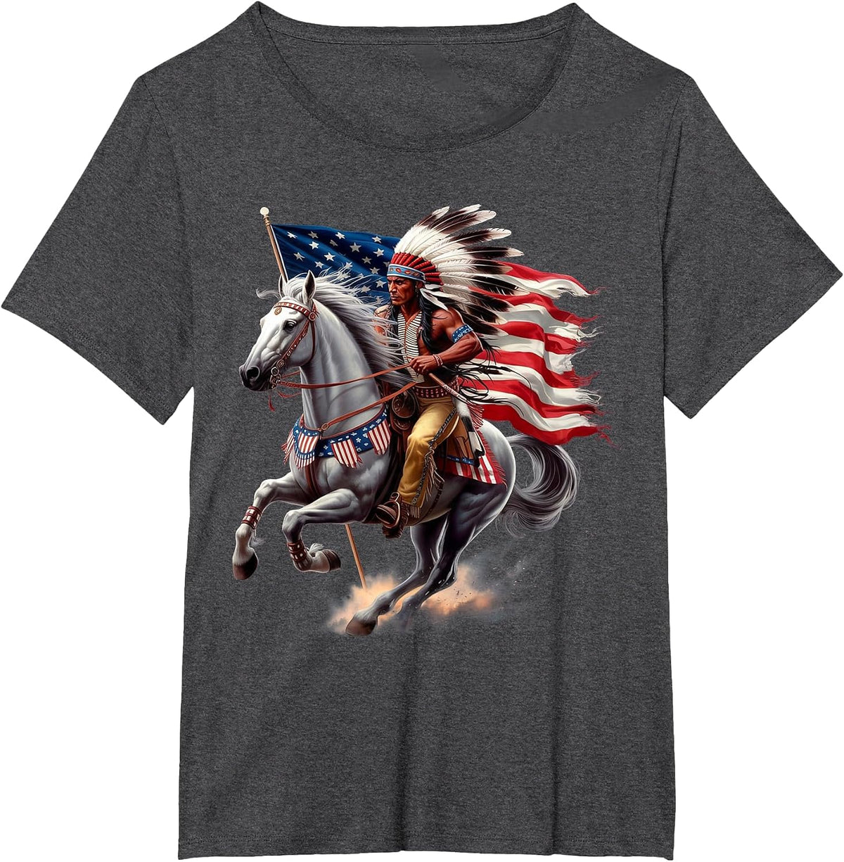 Native American Day US Flag Indian Riding Horse 4th of July T-Shirt - Dark Heather Grey