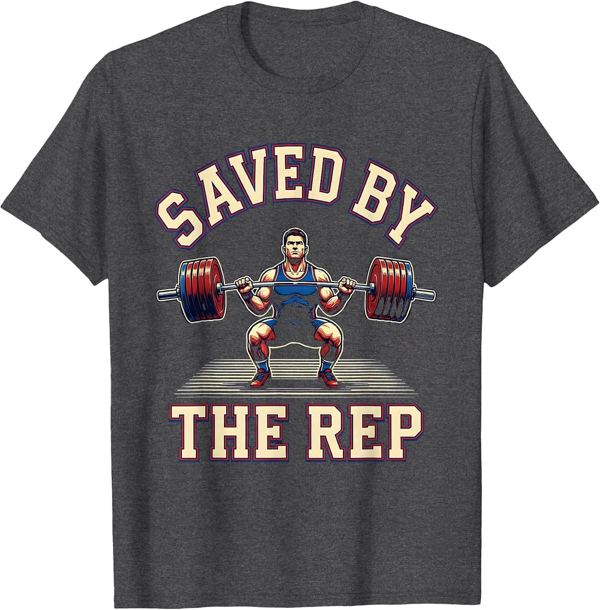 Saved By The Rep Christian Gym Weightlifting Scripture Humor T-Shirt - Dark Heather Grey
