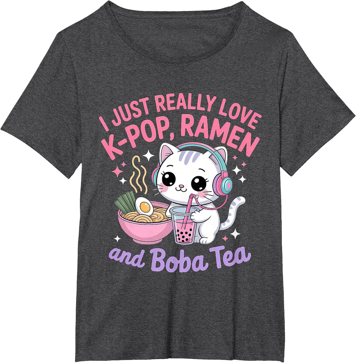 I Just Really Love K-Pop Ramen and Boba Tea Cat T-Shirt - Dark Heather Grey