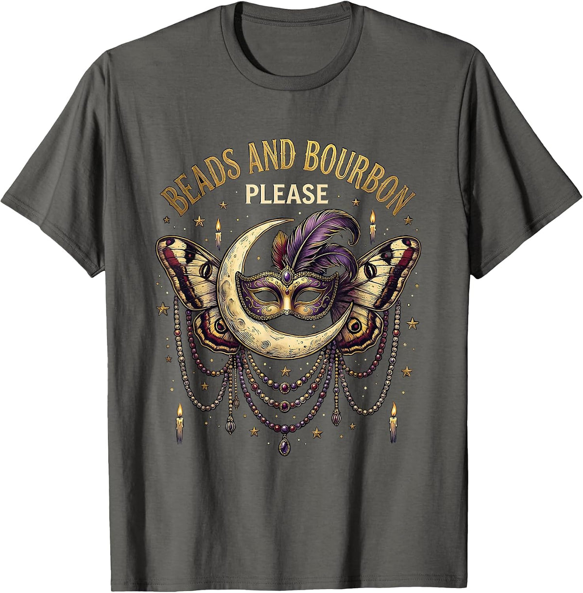 Beads and Bourbon Please Mardi Gras Design T-Shirt - Asphalt Grey