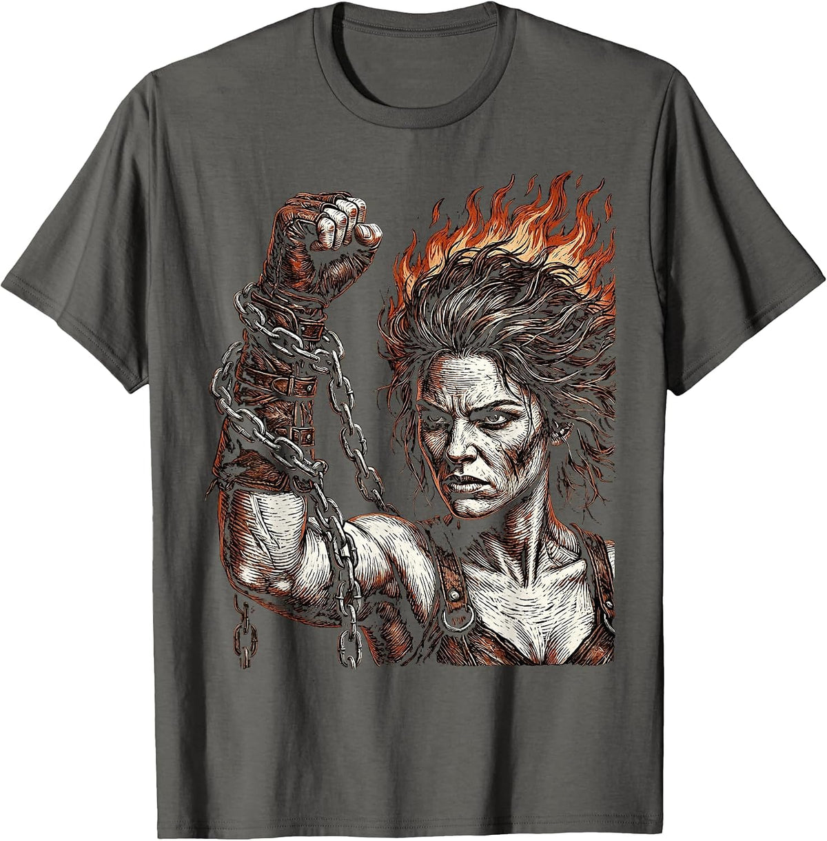 Rock Rebel Raised Fist Chains Leather Gauntlets T-Shirt - Asphalt Grey