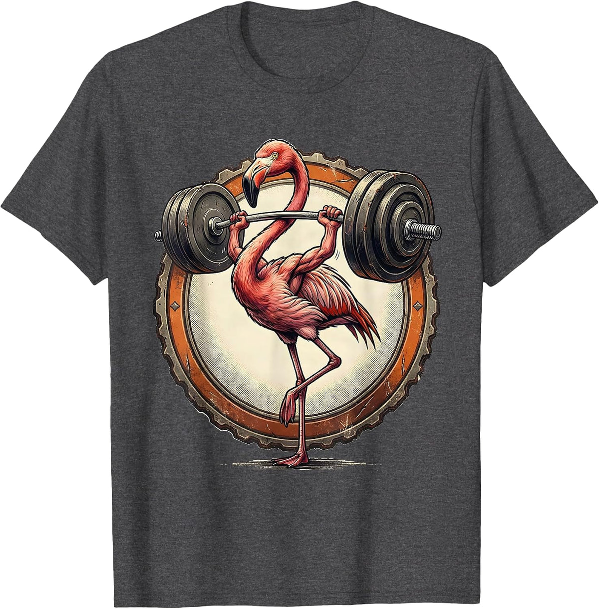 Flamingo Weightlifting Gym Novelty Graphic Tee T-Shirt - Dark Heather Grey