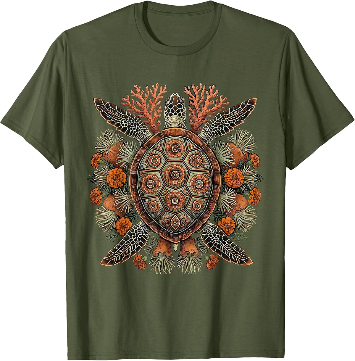 Mexico Sea Turtle Coral Reef Ocean Art T-Shirt - Olive Green