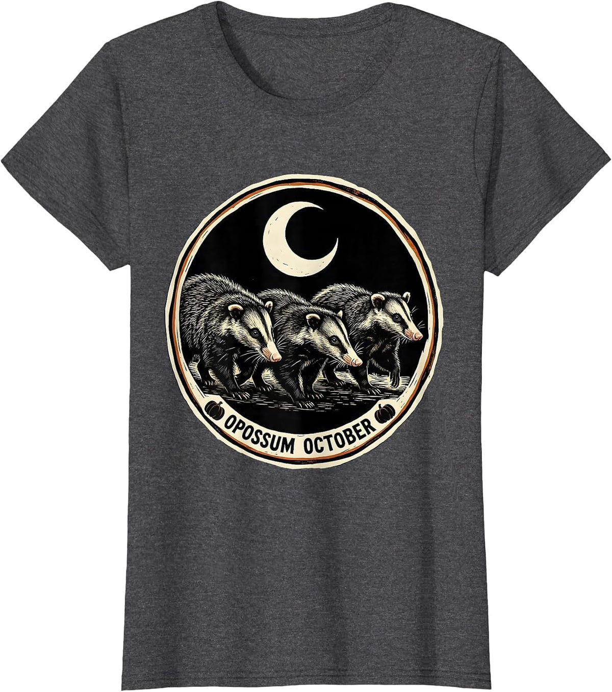 Women's Opossum October Linocut Vintage Spooky Halloween Moon T-Shirt - Dark Heather Grey
