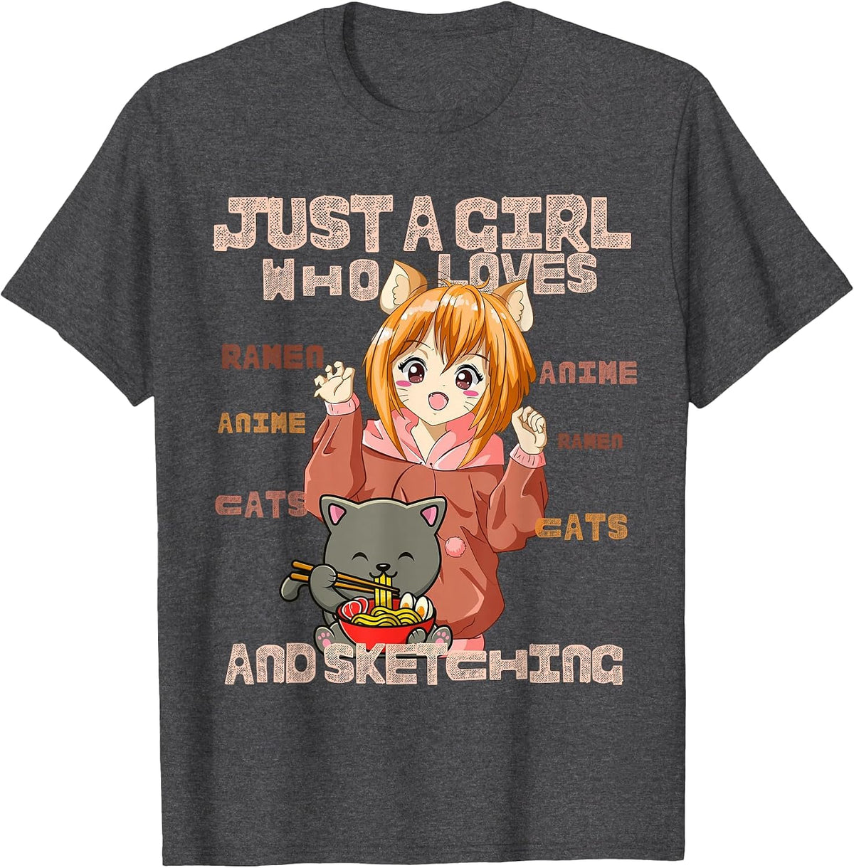 Just a Girl Who Loves Cats, Ramen, Amine and Sketching Manga T-Shirt - Dark Heather Grey