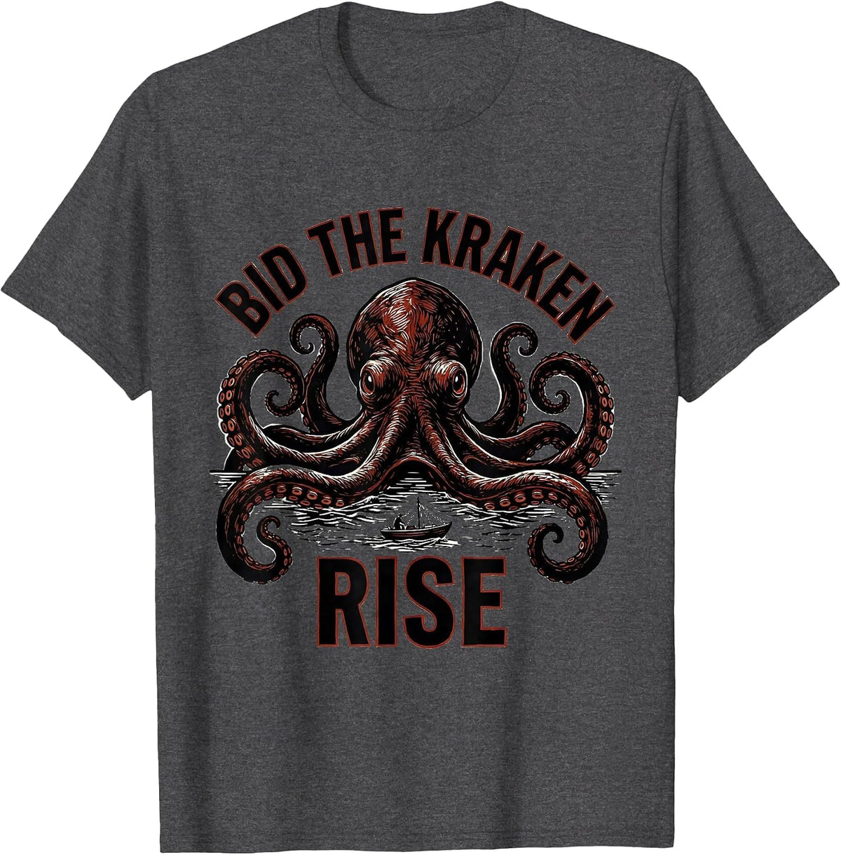 Bid The Kraken Rise Linocut Vintage Sea Monster Octopus T-Shirt - Dark Heather Grey