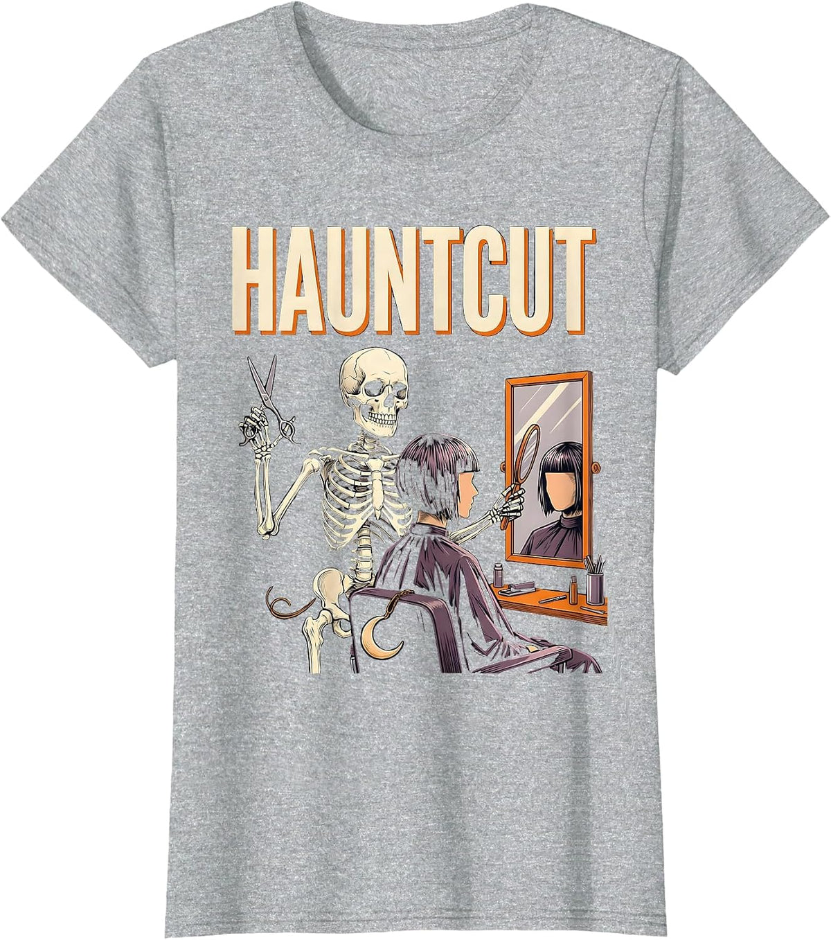Women's Hauntcut Skeleton Hairstylist Barber Halloween Humor T-Shirt - Heather Grey