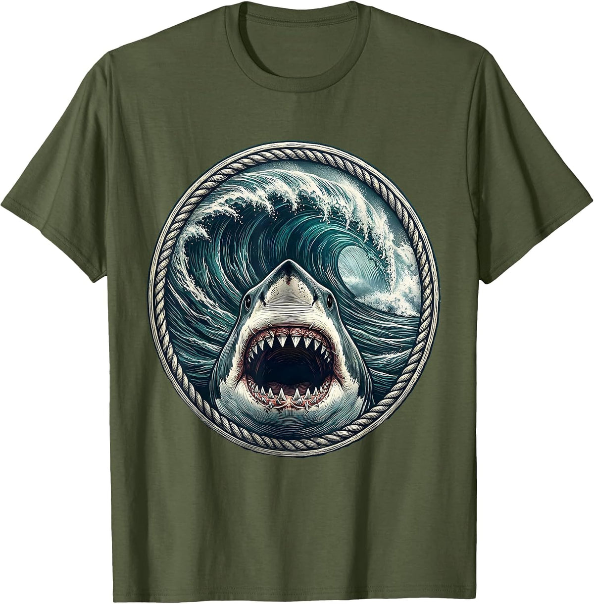 Men's Great White Shark Crashing Wave Hawaiian Graphic T-Shirt - Olive Green