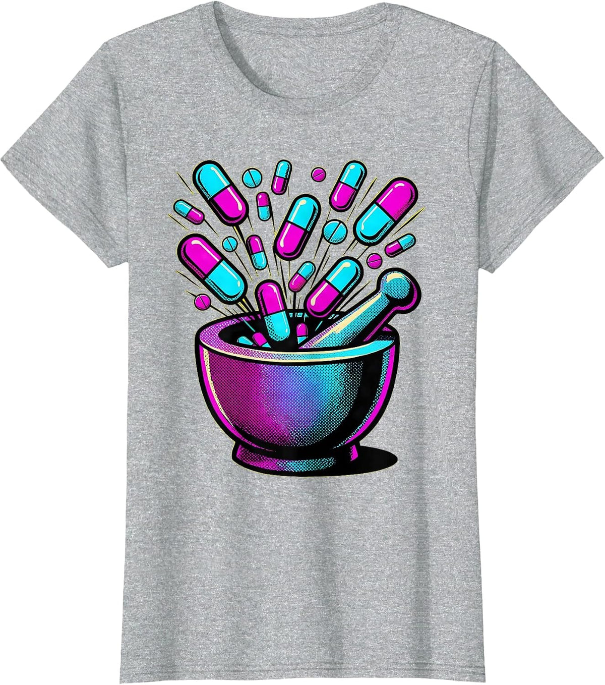 Pharmacy Technician Mortar Pestle Glowing Pills Art T-Shirt - Heather Grey