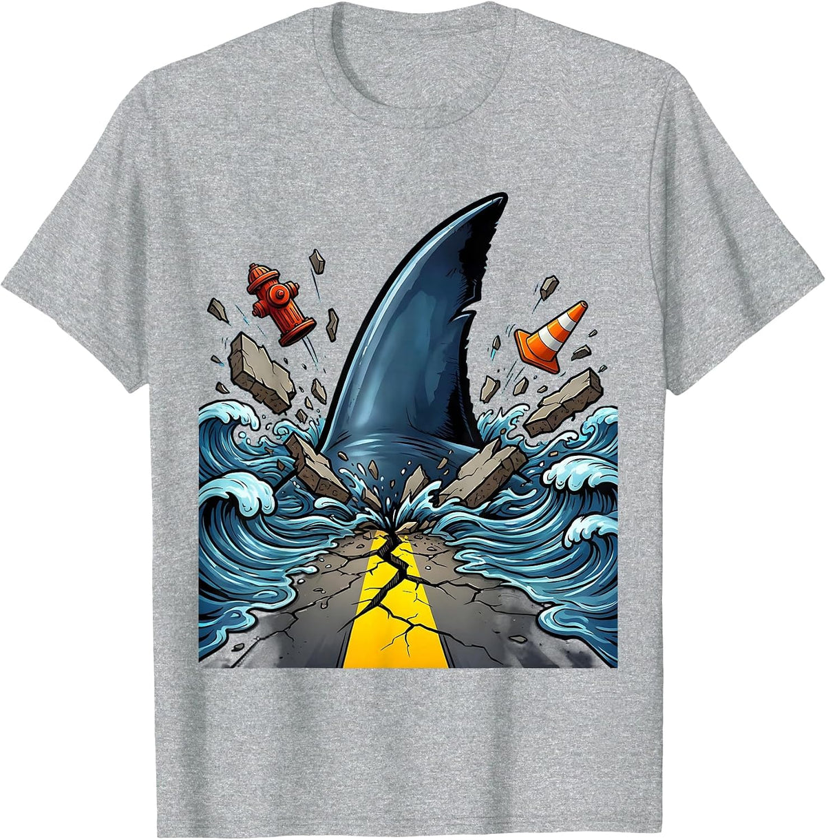 Men's Shark Fin City Street Weird Graphic Tee T-Shirt - Heather Grey