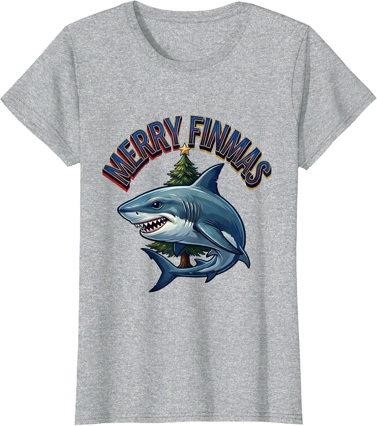 Merry Finmas Funny Shark Christmas Pun Novelty T-Shirt - Heather Grey