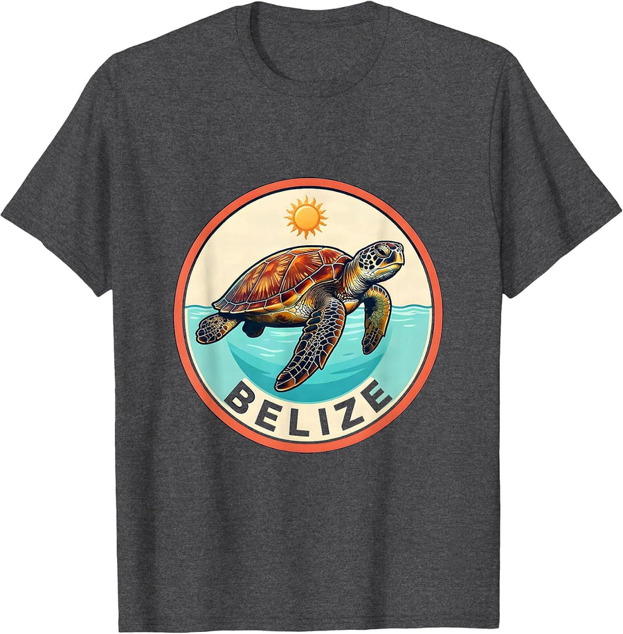 Men's Belize Vintage Sea Turtle Badge Beach Vacation Souvenir T-Shirt - Dark Heather Grey