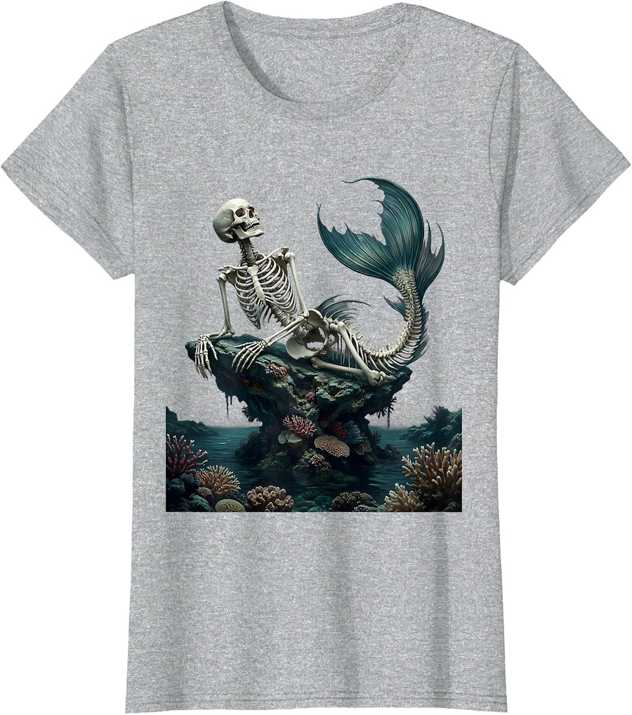 Goth Skeletal Mermaid on Rocks Dark Fantasy Art T-Shirt - Heather Grey