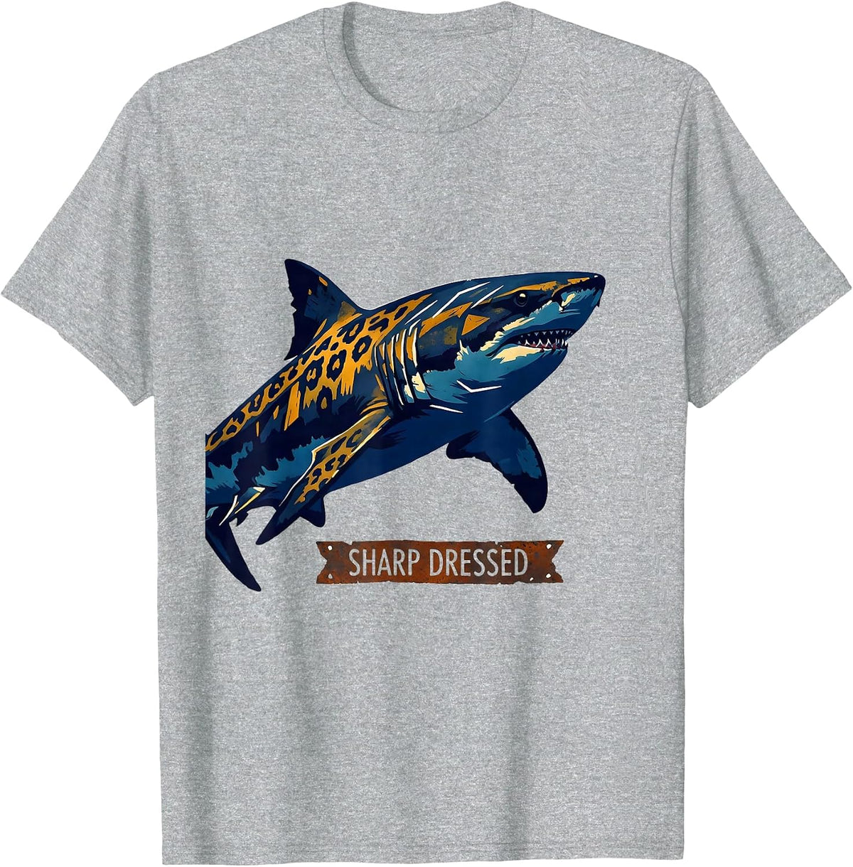 Men's Sharp Dressed Linocut Leopard Shark Humor Marine Biology T-Shirt - Heather Grey