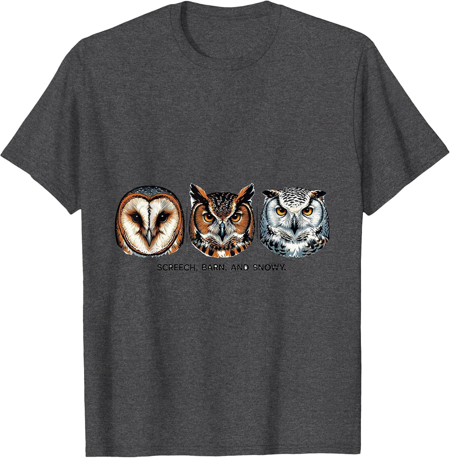 Men's Screech Barn and Snowy Retro Owl Lover Funny Vintage Humor T-Shirt - Dark Heather Grey