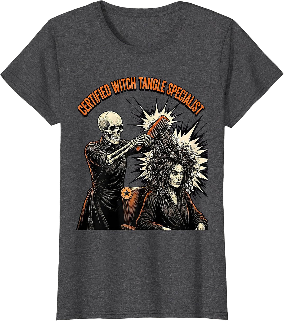 Women's Certified Witch Tangle Specialist Comic Book Skeleton T-Shirt - Dark Heather Grey