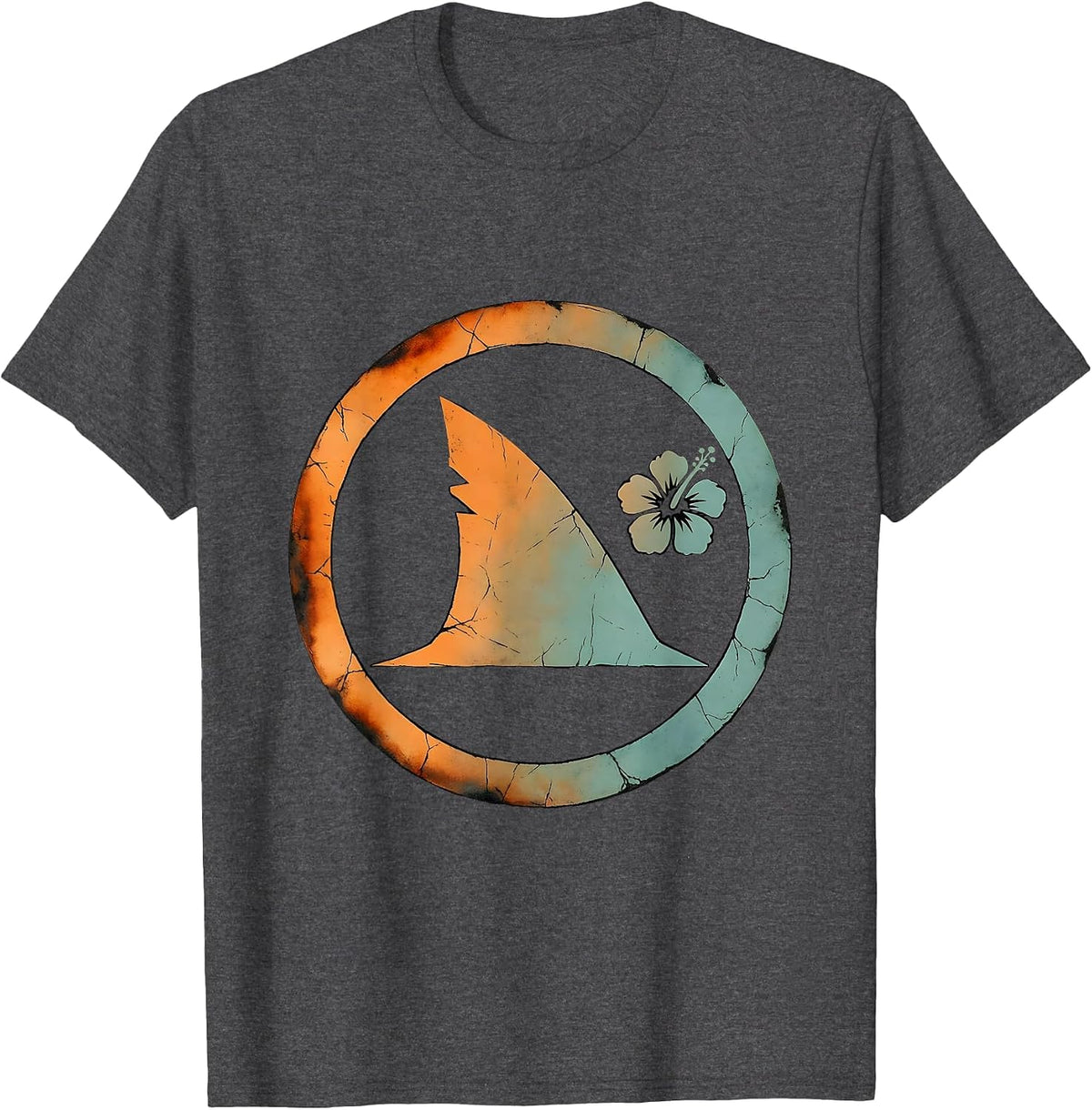 Men's Shark Fin Glassy Ocean Wave Surf Design T-Shirt - Dark Heather Grey