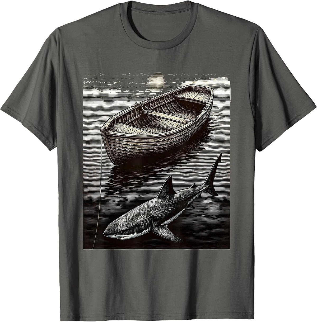 Shark Fin Circling Fishing Boat Graphic Tee T-Shirt - Asphalt Grey