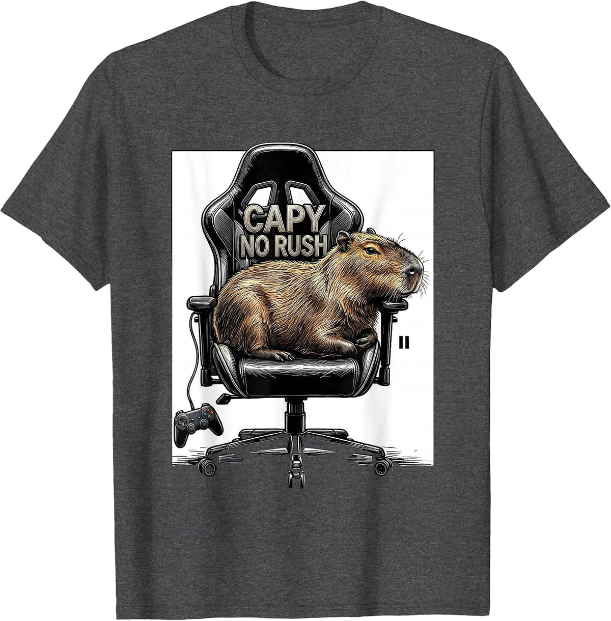 Men's Capy No Rush Funny Capybara Gamer Gaming Humor T-Shirt - Dark Heather Grey