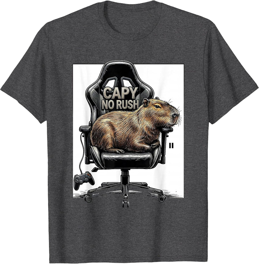 Men's Capy No Rush Funny Capybara Gamer Gaming Humor T-Shirt - Dark Heather Grey