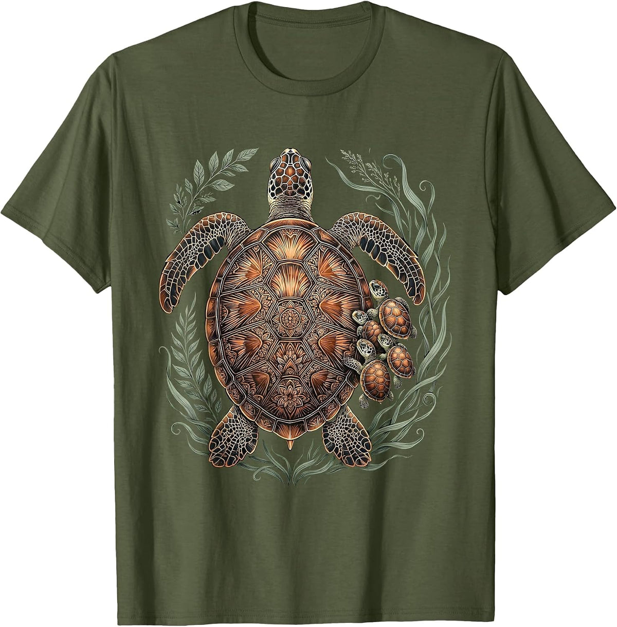 Mother Sea Turtle and Hatchlings Beach Illustration T-Shirt - Olive Green