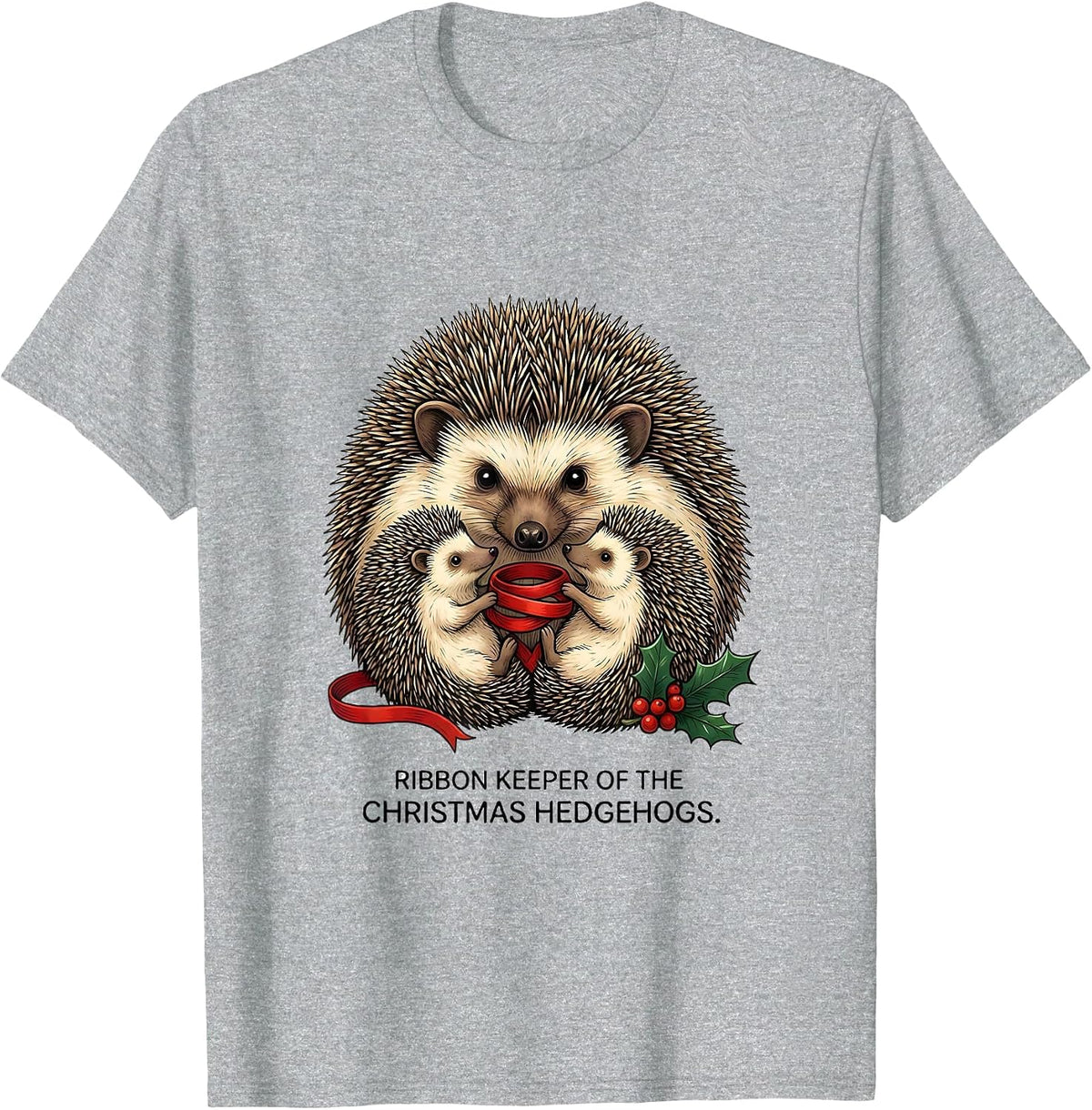 Men's Ribbon Keeper Of The Christmas Hedgehogs Cute T-Shirt - Heather Grey