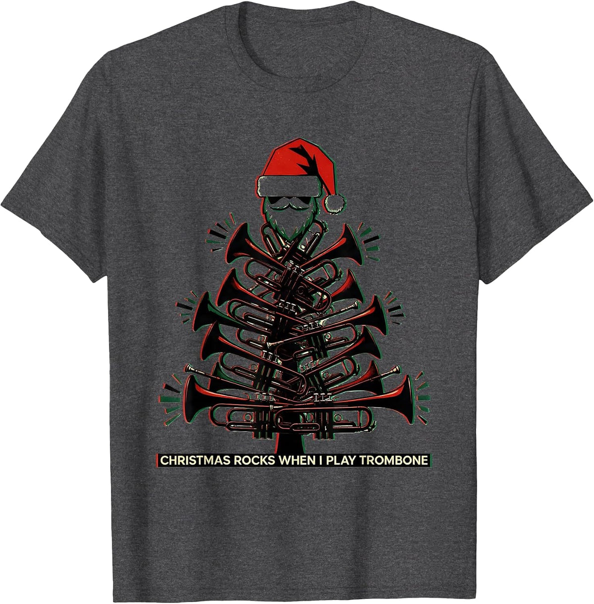 Christmas Rocks When I Play Trombone Funny Trombone Player T-Shirt - Dark Heather Grey