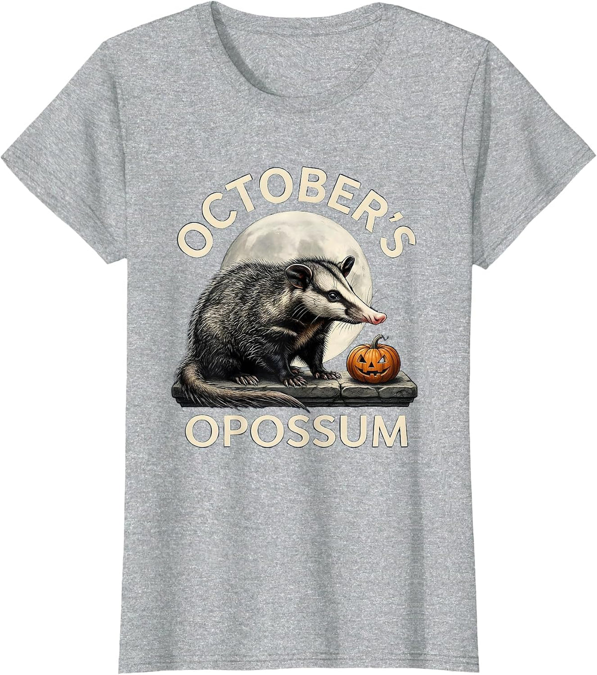 October's Opossum Naturalistic Halloween Spooky Moon Novelty T-Shirt - Heather Grey