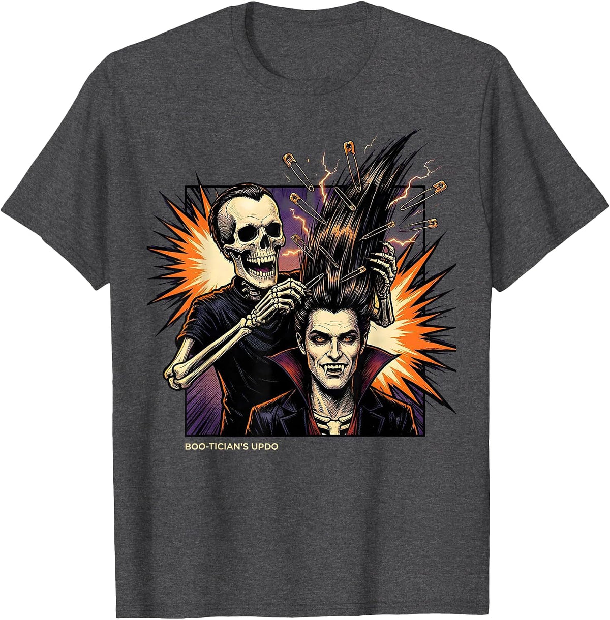 Men's Boo-Tician's Updo Comic Book Skeleton Hairstylist Halloween T-Shirt - Dark Heather Grey