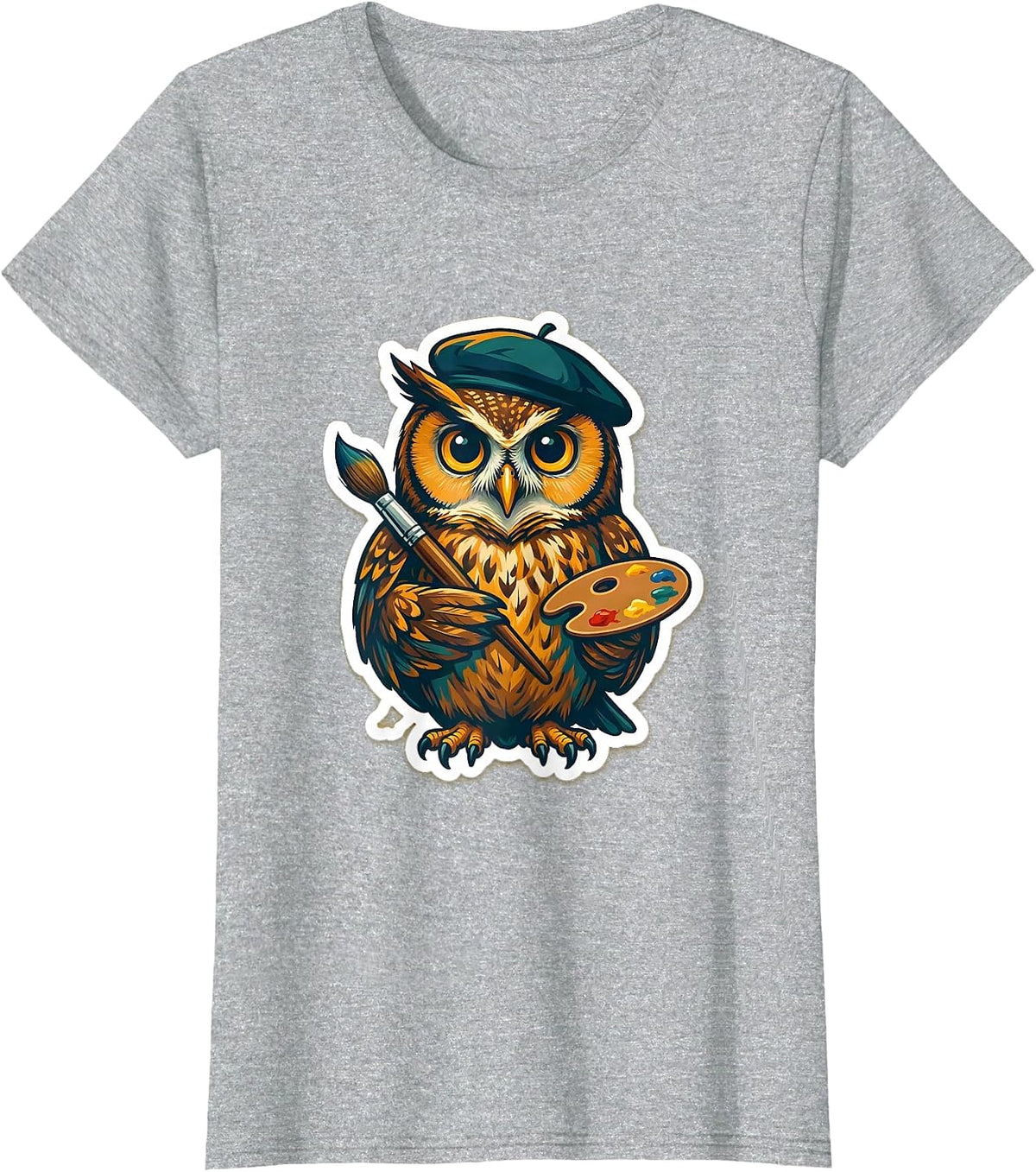 Women's Artistic Owl Painter Beret Paintbrush Design T-Shirt - Heather Grey