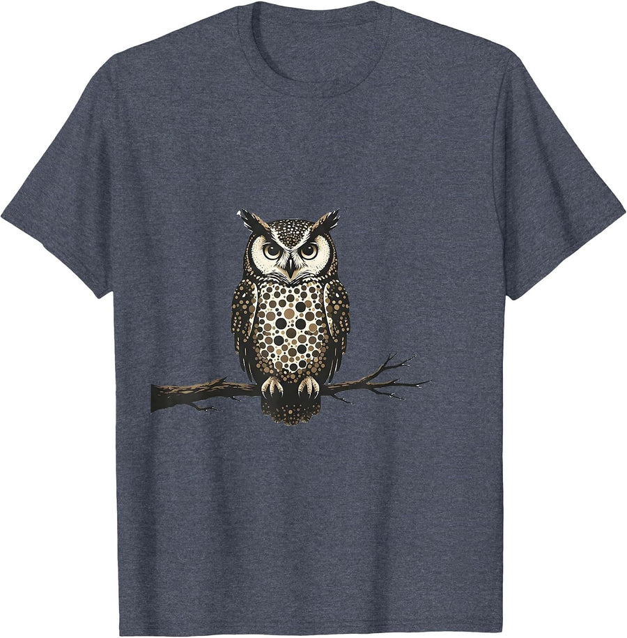 Polka Dot Spotted Owl Perched on Branch T-Shirt - Heather Blue