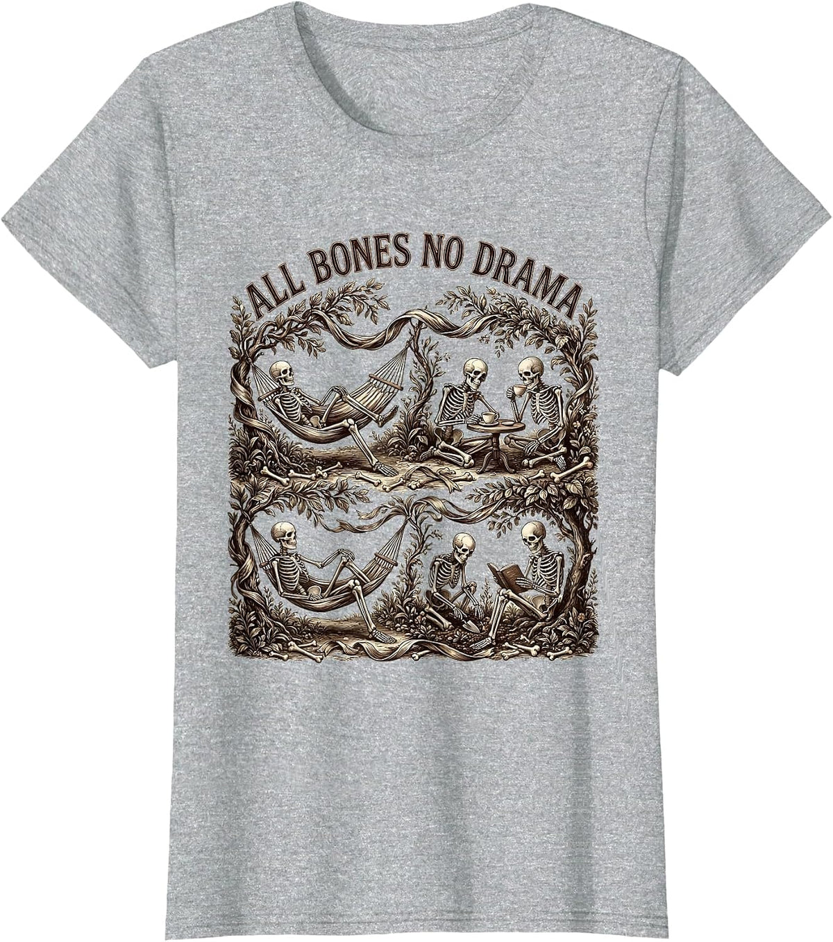 All Bones No Drama Funny Skeleton Design T-Shirt - Heather Grey