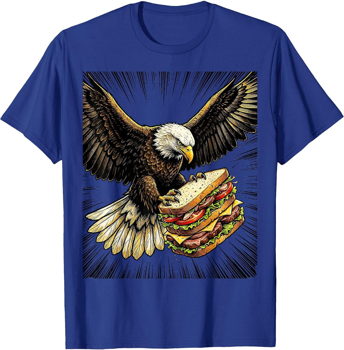 Men's Eagle Carrying Giant Sandwich Funny Bird Art T-Shirt - Royal Blue