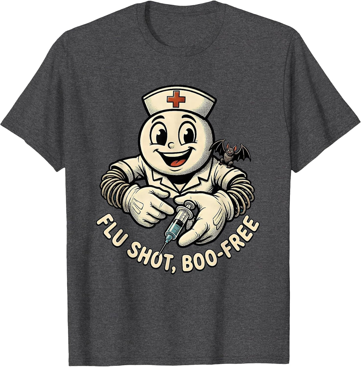 Men's Flu Shot Boo-Free Retro Cartoon Nurse Halloween Humor T-Shirt - Dark Heather Grey