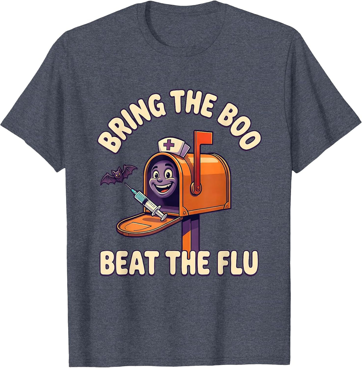 Bring The Boo Beat The Flu Funny Nurse Halloween Vaccine T-Shirt - Heather Blue