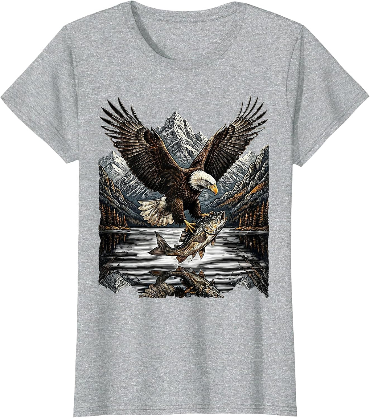 Eagle Clutching Fish Over Mountain Lake T-Shirt - Heather Grey