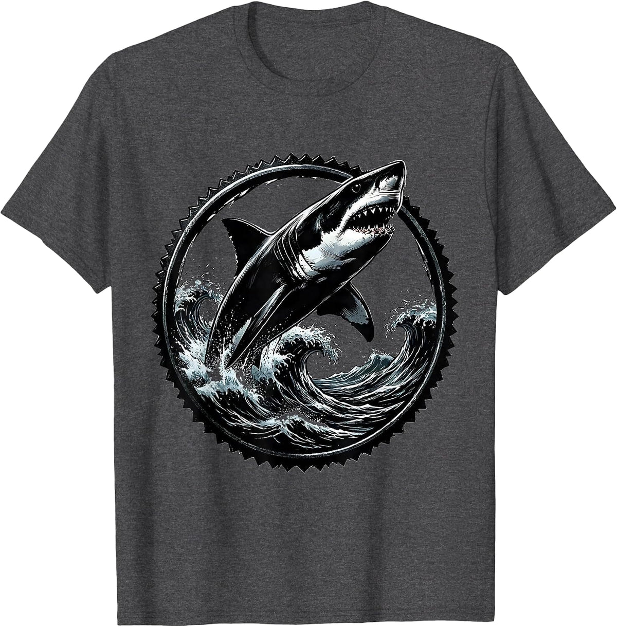 Shark Burst Ocean Wave Anime Graphic T-Shirt - Dark Heather Grey