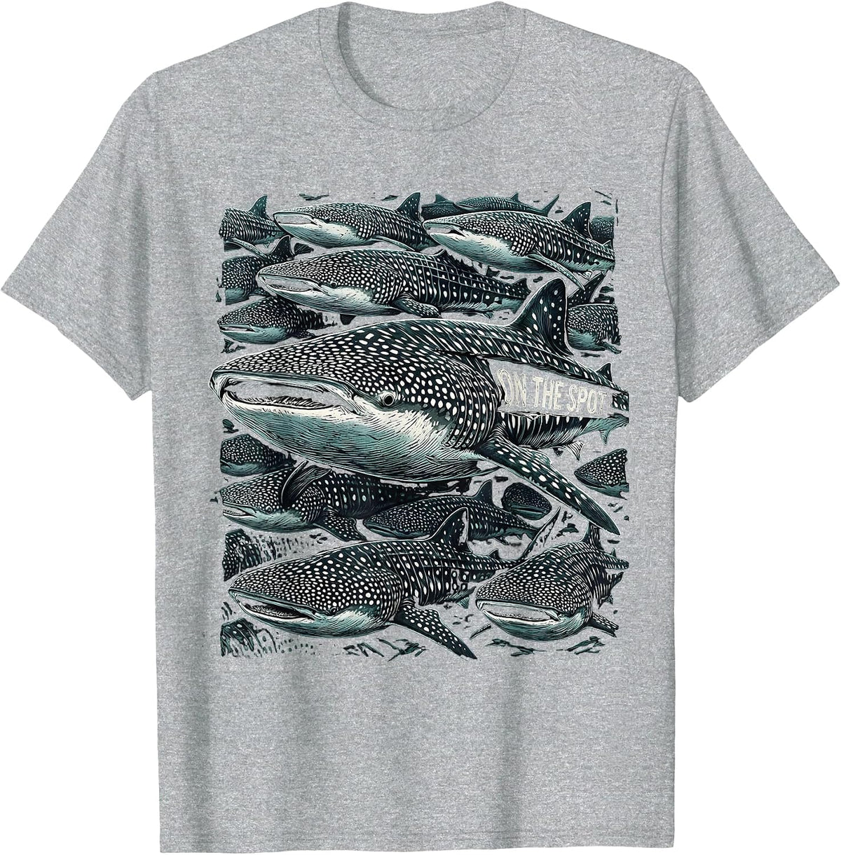 Men's On The Spot Whale Shark Woodcut Engraving Ocean Wildlife T-Shirt - Heather Grey