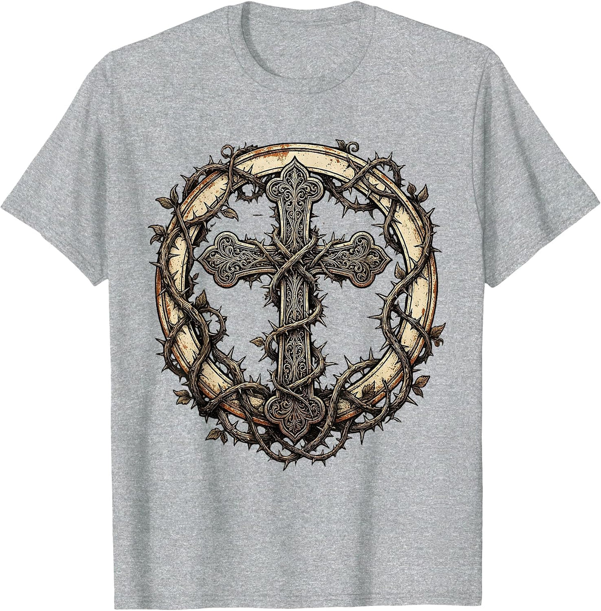 Men's Ornate Cross Wrapped in Thorned Vines Design T-Shirt - Heather Grey