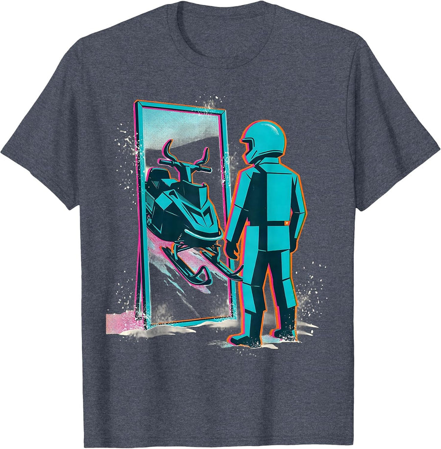 Helmeted Rider Snowmobile Mirror Reflection Humor T-Shirt - Heather Blue